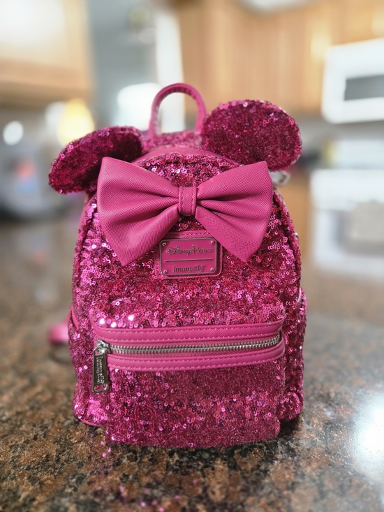 Loungefly Handbags - Loungefly Hot Pink Sequin Mini Backpack with Bow and Ears